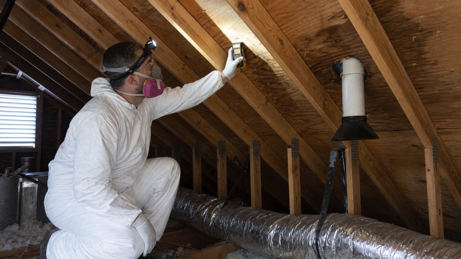 Inspector checking stained roof sheathing with a moisture meter in a residential attic