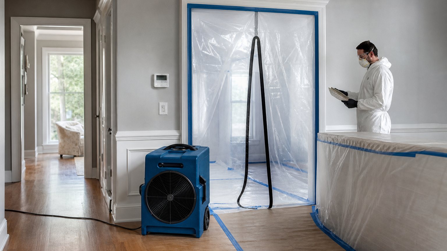 Controlled residential mold remediation area with containment and air filtration