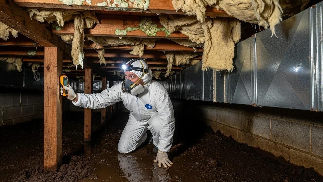 Protective inspector checking moisture and mold conditions inside a crawl space