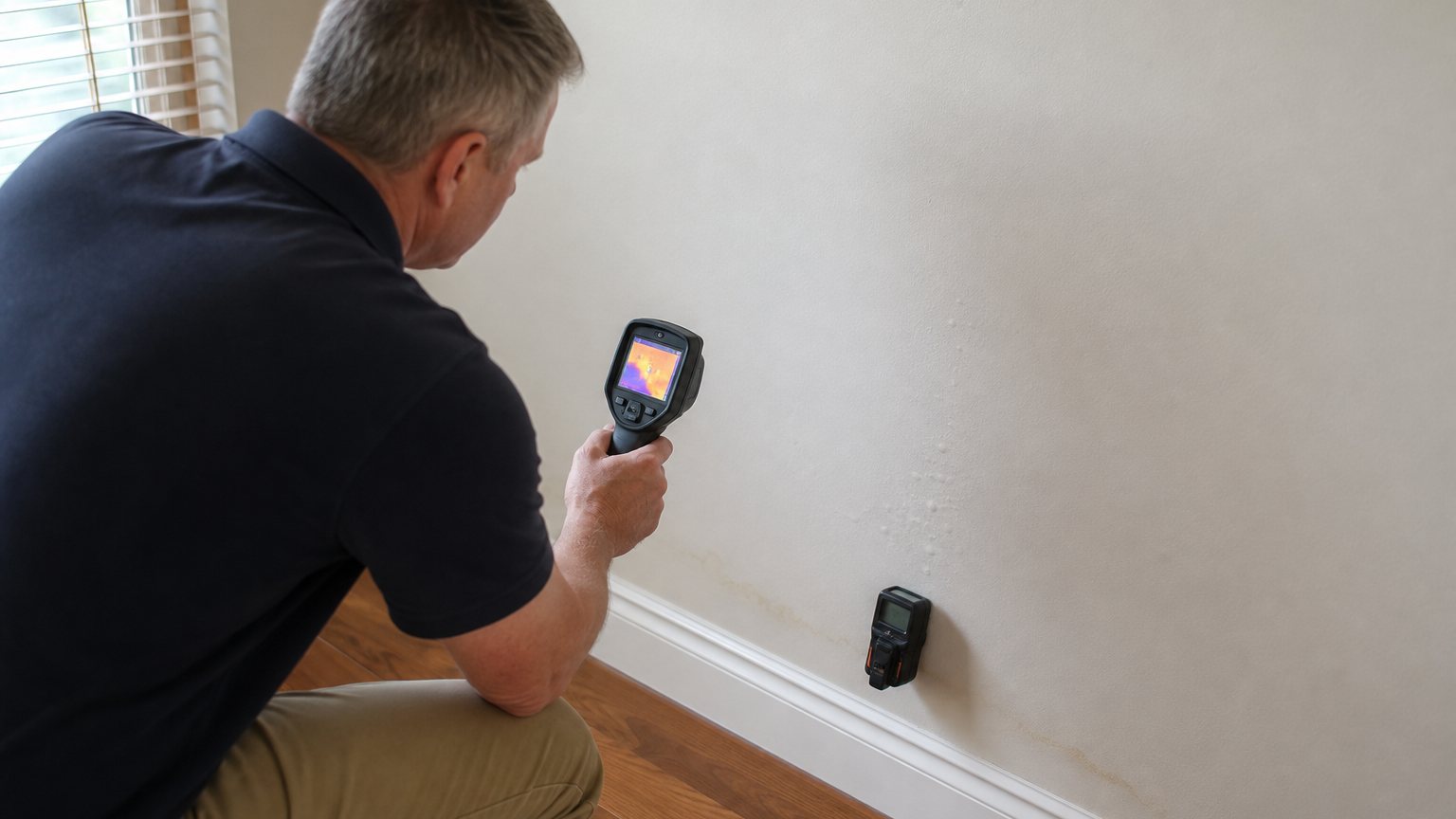 Inspector using thermal imaging and a moisture meter on a residential wall