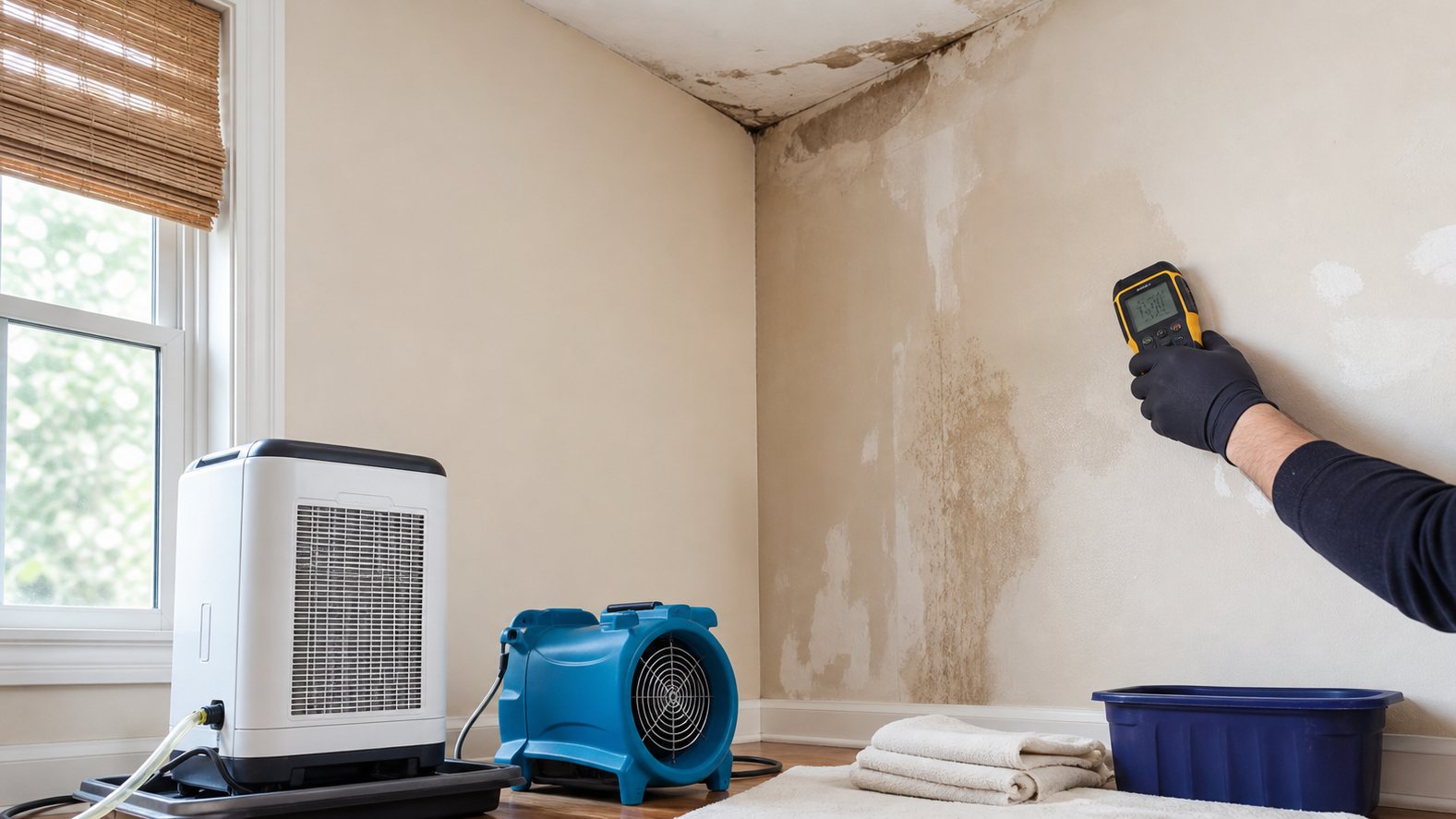 Moisture measurement and drying equipment in a room after a ceiling leak