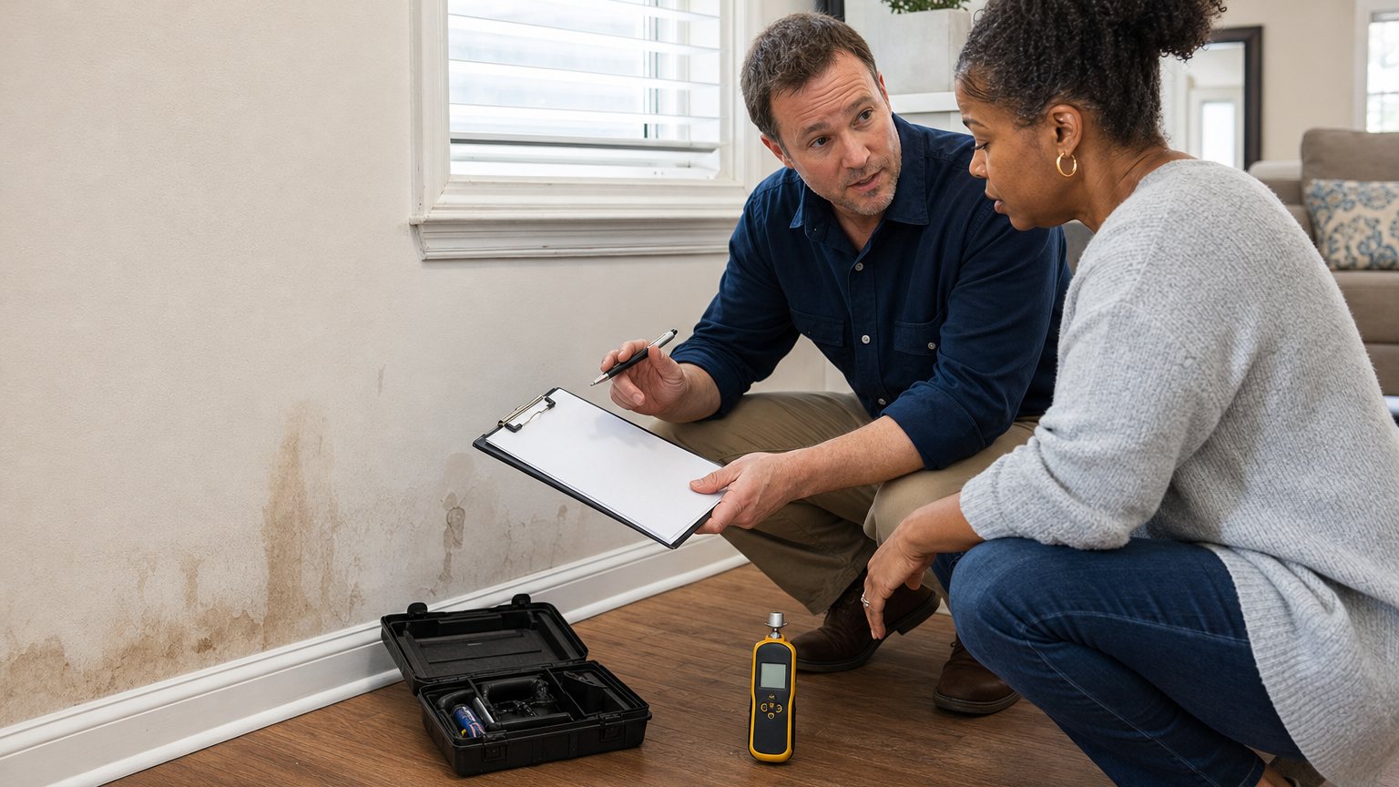 Homeowner reviewing a mold remediation scope beside a moisture-damaged wall