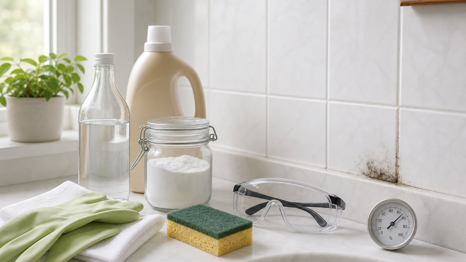 Natural cleaning supplies, protective gloves and a humidity gauge beside bathroom tile